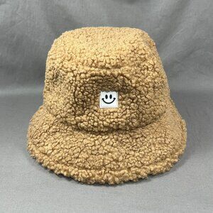 Smiley Happy Face Shaggy Bucket 58cm 7 1/4 Hat Cap Tan Fuzzy Plush Outdoor Adult